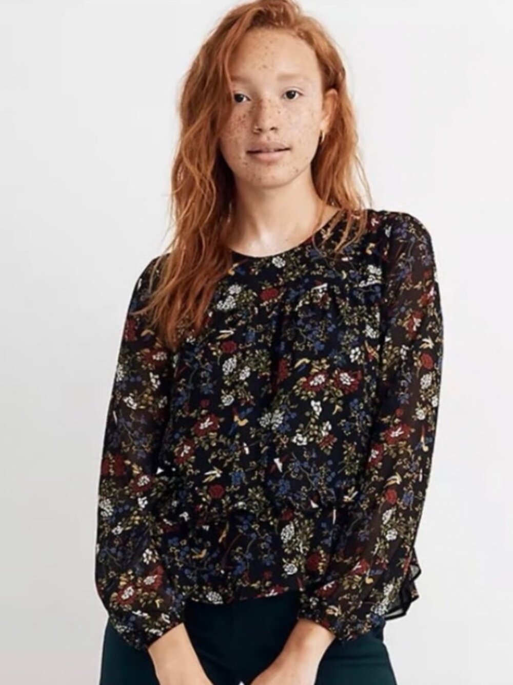 Madewell Silk-Feel Bird Print Blouse — Size XL (Style AF611)
